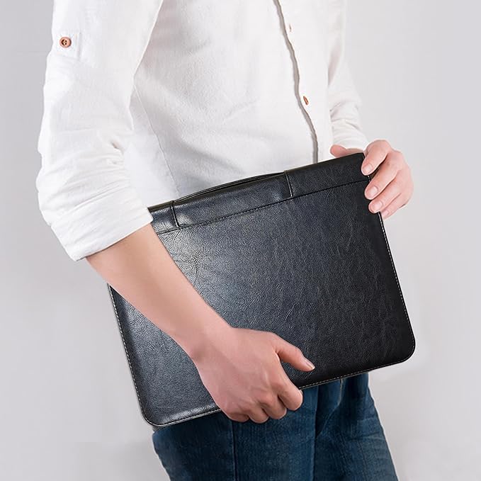 Faux Leather 3 Ring Portfolio Binder With Handle, Business Padfolio for Men & Women, Zippered Document Organizer for Home & Office Use, Including Clipboard, Notepad and Sheet Protectors (Black)