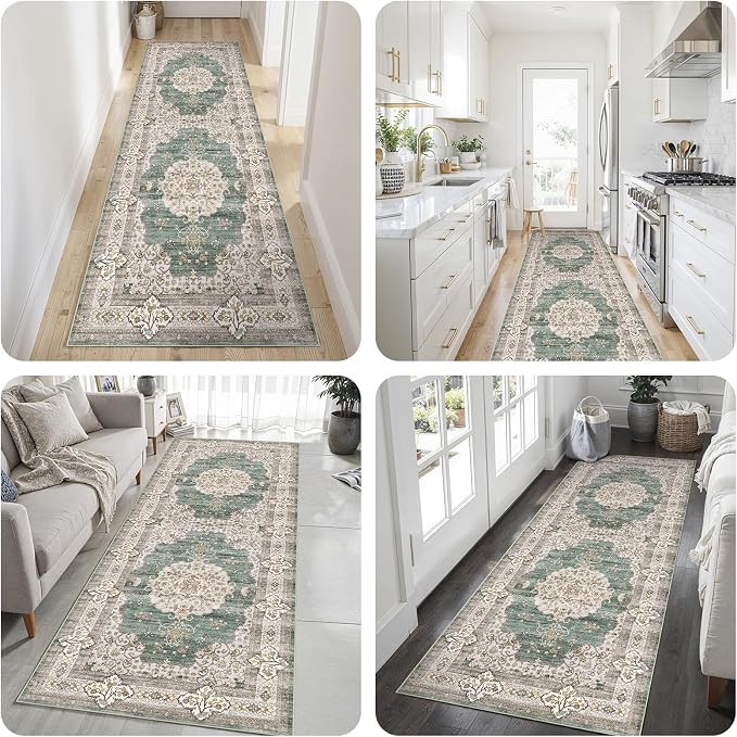 3x6 Washable Hallway Runner Rug:Oriental Indoor Kitchen Rugs Vintage Door Mat Non Slip with Rubber Backing Low Pile Thin Carpet for Bedroom Bathroom Living Room Bedside (3x6 Green/Beige)