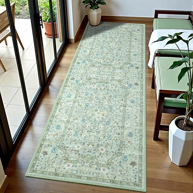 Vasofe 2x6 Area Rug for Bedroom, Ruuner Rugs for Entryway, Kitchen, Hallway, Non-Slip Washable Carpet Soft Low Pile Vintage Floral Light Green Mat Front Door Mats for Bathroom Indoor Entrance