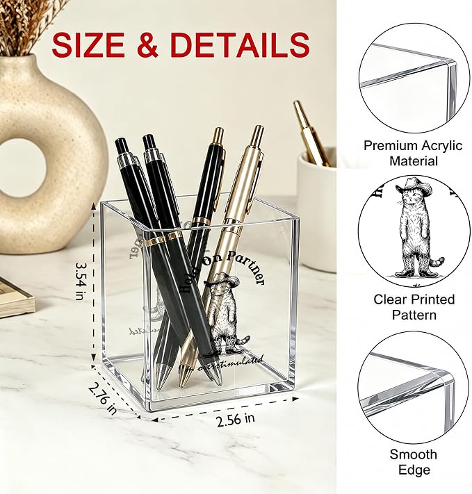 Funny Cowboy Cat Office Acrylic Cosmetic Pen Pencil Holder Cup, Hold On Partner Im Overstimulated Pencil Organizer, Humor Unique Desk Accessories, Sarcastic Gifts for Women Men（A50）