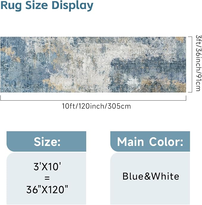 RUUGME 3x10 Runner Rug for Hallway: Non-Slip Washable Kitchen Runner Coastal Wide Throw Carpet for Bedroom Entryway Bathroom - Soft Low Pile Thin Long Floor Mat for Modern Home Decor (3X10 Blue-W)