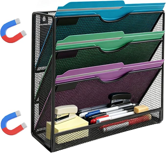 Magnetic File Holder,No Assembly Required & No Drilling,Hanging Magnetic File Organizer,Magnetic Mail Paper Folder Holder for Refrigerator,Whiteboard,File Cabinets (4-Tier)