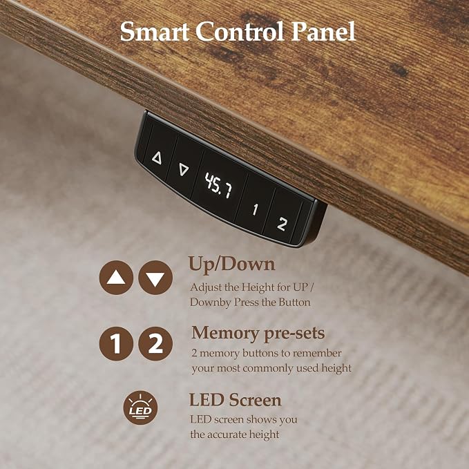Klicelor 63 x 28 Electric Standing Desk, Sit Stand Up Home Office Desk, Height Adjustable Deep Cumputer Table with Memory Presets and Hooks, Two Pieces, Rustic Brown