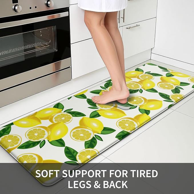 MAYHMYO Lemon Kitchen Decor Mat Set, 2PC Kitchen Mats, Anti Fatigue | Lemon Pattern,Lemon decor,Yellow docor,Cushioned comfort,Non-slip backing,Easy to clean,Water-resistant,Kitchen,Laundry