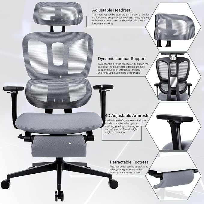Ergonomic Office Chair with Retractable Footrest, Dark Grey | High Back Design, Dynamic Lumbar Support, 2D Headrest & 4D Armrests, Breathable Mesh Back for Home Office