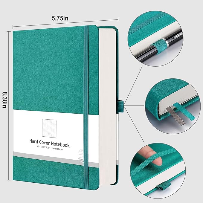 AHGXG Dotted Journal - 320 Numbered Pages Dot Grid Notebook A5 Thick Journal, 100gsm Thick Dotted Paper, Leather Hardcover,Inner Pocket, 5.75'' × 8.38'', Cyan