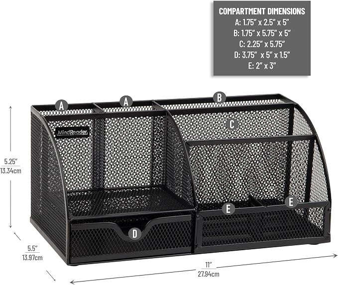 Mind Reader 7-Compartment Desktop Organizer, Metal Mesh Desk Organizer for Pens, Sticky Notes, Mail and Office Supplies, Black