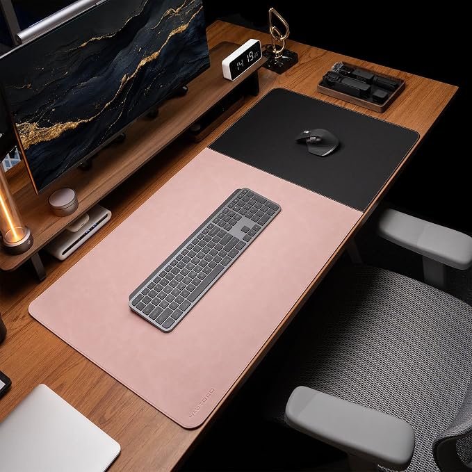 HAUTOCO Cork Desk Mat 31.5"x15.7", Distressed PU Leather & Cloth Desk Pad | Waterproof, Non-Slip, Stitched Edges, Pink Large Gaming Mouse Pad, Laptop Blotter & Desk Protector for Office and Home