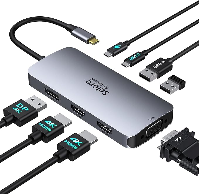 USB C Docking Station Dual HDMI Monitor Adapter, Selore USB C Hub 3 Monitors with Dual HDMI, Displayport, VGA, 100W PD Charging, 3USB 2.0 Ports Adapter for Dell XPS, HP, Lenovo, etc
