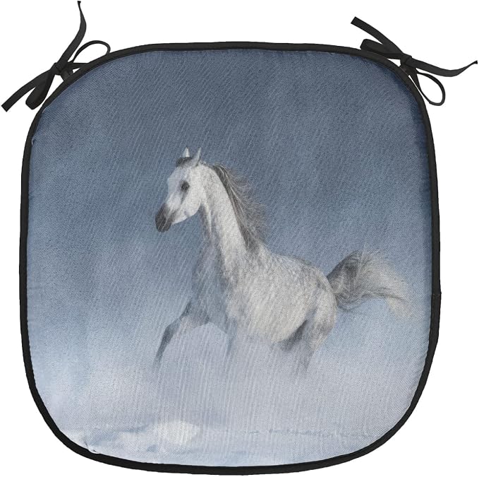 Lunarable Orient Chair Cushion Pad, Horse Galloping During a Snowstorm Stallion Winter Snow View Equine Print, Seat Padding for Kitchen & Patio with Anti-Slip Backing, 16"x16", Night Blue