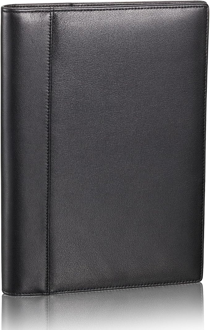 HISCOW Slim Leather Junior Padfolio, 5x8 Notepad Cover, Classic Black | Italian full-grain cowhide, top-loading legal pad holder, rigid pen loop, quick-access card slot, zipperless boardroom design