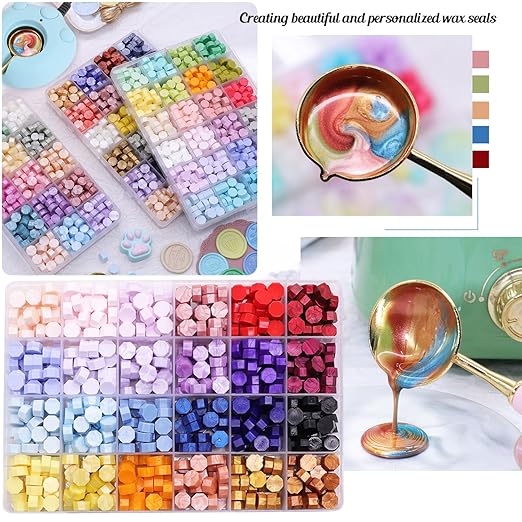 Wax Seal Kit - 24 Color Wax Beads (600pcs), Love Heart Stamps, Electric Warmer, Metallic Pen, Envelopes Sealing Kit for Wedding Invitations