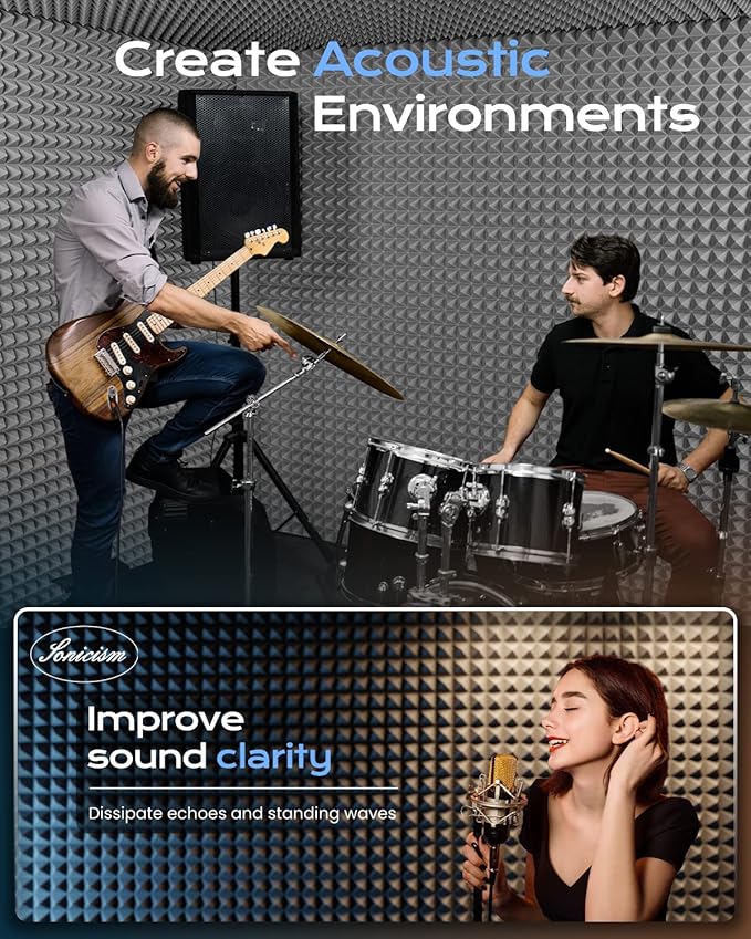 Sonicism Acoustic Panels Self-Adhesive 48 Pack Pyramid,2"X12"X12" Sound Proof Foam Panels for Walls Fast Expand,Soundproof Wall Panels 35kg/m³High Density,Sound Absorption and Decoration,Gray