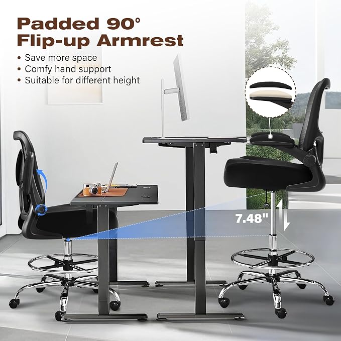 400LBS Drafting Chair,Executive Tall Office Chair with Adjustable Lumbar Support Foot Ring,Comfy W-Shape Thicken Cushion Mesh Chair,Task Chair Padded Flip-up Armrest for Home Office,Black
