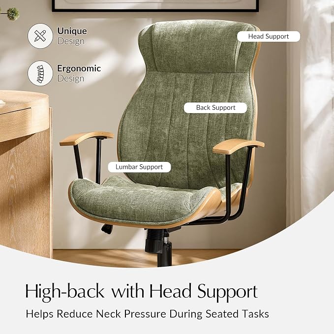 HULALA HOME Solid Wood Office Chair with High Backrest, Green | Mid Century Modern Bentwood Desk Chair with Tilt Function, Swivel Fabric Computer Task Chair, Height Adjustable, Metal Base
