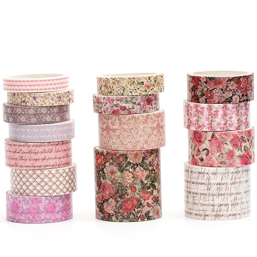 Floral Washi Tape Set - 15 Rolls Blossom Arts Adhesive Tapes Flowers Garden Decorative Masking Tape Sets for Craft, Kids, Scrapbook, DIY, Gift Wrapping (4-Rose Garden Poetry)