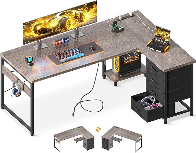 AODK 61" L Shaped Gaming Desk with 4 Drawers and Power Outlets, Grey | USB Ports, PC Tower Stand, Hooks, Reversible Corner Layout for Gaming Rooms, Bedrooms and Home Office