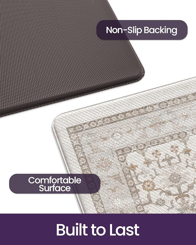 DEXI Kitchen Floor Mats Cushioned Anti Fatigue, 23x107 Long Wide Standing Comfort Runner Rug, Waterproof Retro Floral Memory Foam Padded for Front Sink Laundry, Beige and White