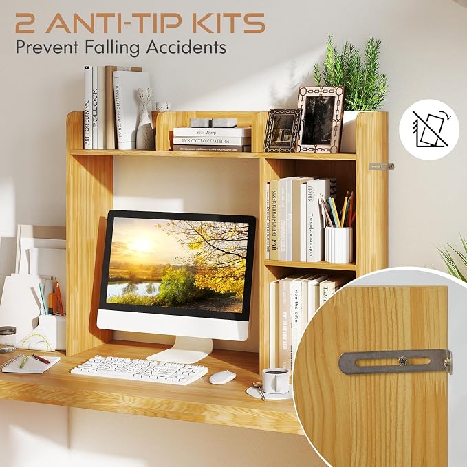 Tangkula Desktop Bookshelf, Countertop Storage Hutch with Shelves for Computer Desk, Desk 3-Tier Display Rack, Multipurpose Wood Desktop Hutch Storage Organizer for Dorm Office