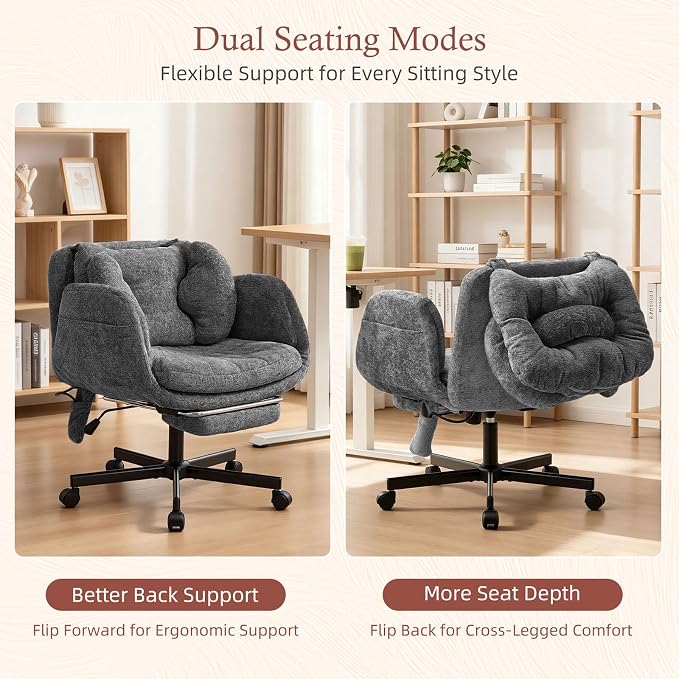 Criss Cross Office Chair with Footrest and 5-Gear Adjustable Arms, Grey | Wide seat cross-legged desk chair, flip lumbar pillow, airbag support, chenille fabric, for home office vanity and meditation
