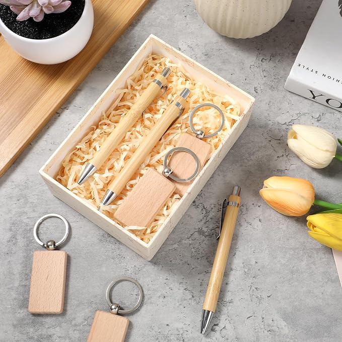 COMNICO 50 Pcs Bamboo Pens Bulk with 50 Pcs Blanks Wooden Keychain, Wooden Bamboo Pens Retractable Ballpoint Pen for Office School Teacher Student Notebook Notepads