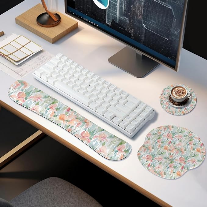 Ergonomic Keyboard Mouse Pad Wrist Rest Support Set for Laptop/Computer/Desktop,Memory Foam Hand Rest Wrist Cushion for Gaming/Office,Lightweight Comfortable & Pain Relief (Watercolor Flowers)