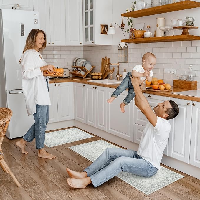 GRANNY SAYS Boho Kitchen Rug Sets of 2, Non Slip Washable Faux Wool Kitchen Mats for Floor, Thick Soft Anti-Fatigue Comfort Standing Mat Runner Rugs for Hallway Laundry Room, Green & White