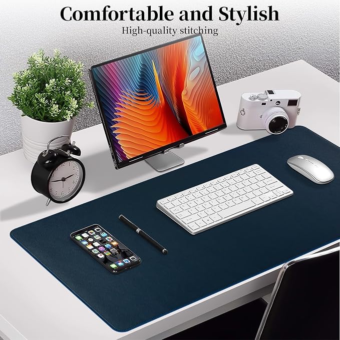 Dark Blue Leather Desk Pad Large Mouse Pad, 31.5"x15.7" | Waterproof Desk Mat for Keyboard and Mouse, Non-Slip Computer Desk Protector, Smooth Mouse Control for Home Office