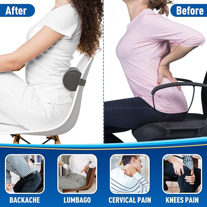 CushZone Lumbar Roll Support Pillow for Office Chair, Car, Gaming Chair, Memory Foam Back Cushion with Washable Cover for Relieving Back Pain & Improving Posture,Grey