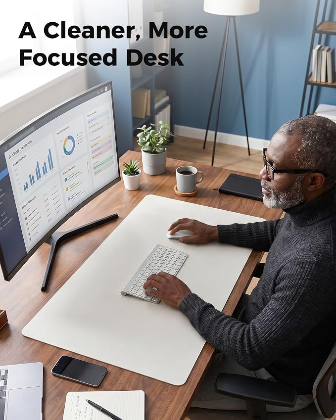 Aothia Dual-Sided Desk Pad - Leather Desk Mat, Natural Cork Desk Pad Protector, Large Mouse Pad for Desk, Waterproof Desk Blotter Pad, Desk Writing Pad for Office Work/Home, Off-White (25.6"x13.7")