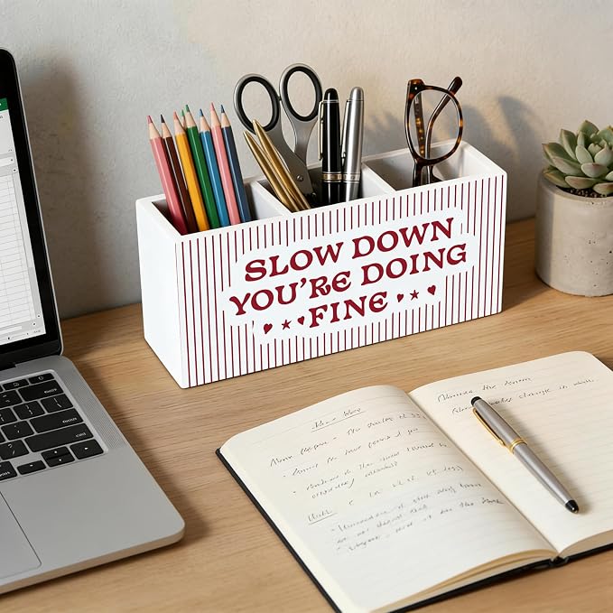 Striped Inspirational Wooden Pen Holder for Desk, Slow Down You're Doing Fine Positive Affirmations Pencil Organizer Wooden Box Sign for Therapy Office Home Decoration