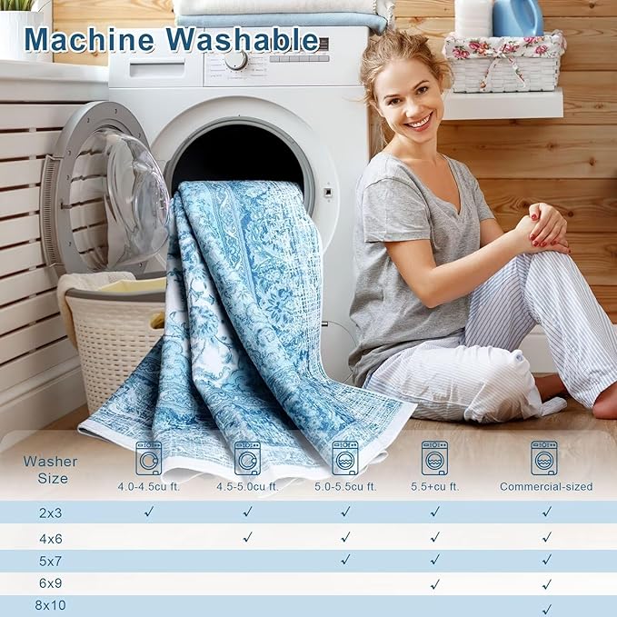 Macgace 4x6 Area Rug for Bedroom, Machine Washable Rugs with Non-Slip Backing for Living Room, Soft Vintage Carpet Kitchen Laundry Kids Room Decor, Celestial Blue