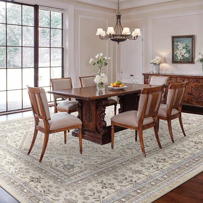 10x12 Area Rug for Living Room: Large Washable Oriental Rugs for Bedroom Non Slip Backing Stain Resistant Indoor Soft Floor Carpet for Dining Table Nursey Dorm Kitchen Low Pile Beige/Gray