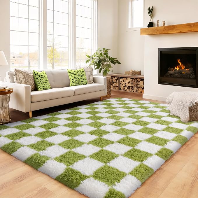 Checkered Rug for Bedroom 5x7, Ultra Fluffy Fuzzy Shag Area Rugs for Living Room, Anti-Skid Indoor High Pile Soft Rug Carpet for Living Room Bedroom Kids Room Nursery, Dorm Home Decor, Cream & Green