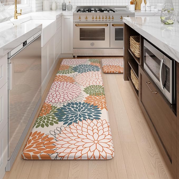KIMODE Kitchen Rugs and Mats Cushioned Anti Fatigue 2PCS Standing Mat | 17"x59"+17"x29",Boho Floral,Non-Skid,Waterproof,Kitchen Runner Rug,Comfort Foam Paded Mat for Floors Office Laundry Sink