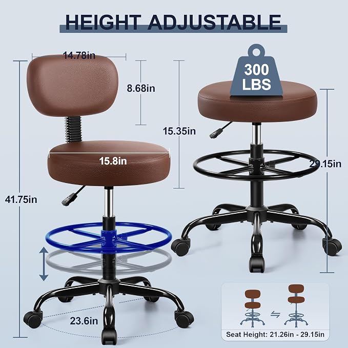 Brick Attic Drafting Chair with Backrest – Adjustable Foot Rest Rolling Stool with Wheels, PU Leather Swivel Stool for Office Spa Studio Lab Counter Salon Home Work Bar Kitchen Shop(Brown)