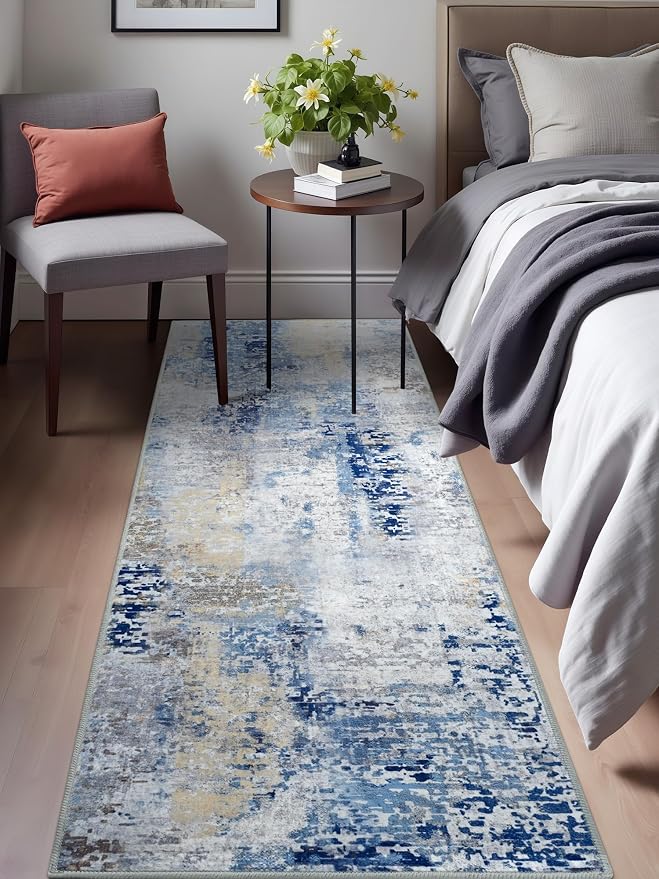 Macgace Washable Abstract Runner Rug, 2x6 Modern Area Rugs with Non-Slip Rubber Backed for Kitchen, Thin but Soft Contemporary Carpet Bedroom Entryway Hallway Decor, Midnight Blue