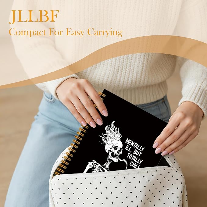 JLLBF Funny Coffee Skeleton Spiral Notebook, Gothic Skull Notebooks for Work, Goth Office Supplies, Mentally Ill But Totally Chill Mental Health Journal Notebook, 5.5x8.3 Inch