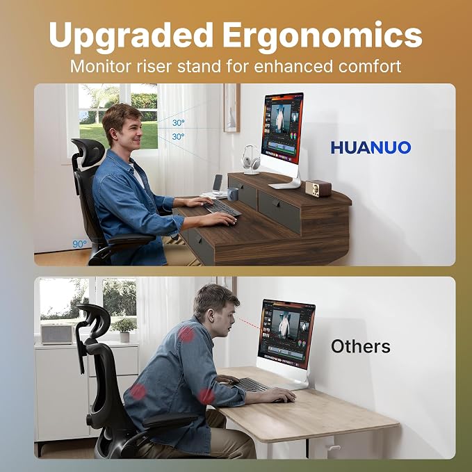 HUANUO 32 X 20 inch Electric Standing Desk with 4 Drawers, Adjustable Height Sit Stand Home Office Desk, C-Clamp Mount Compatible, Ergonomic Stand up Desk with 4 Preset Heights, Walnut