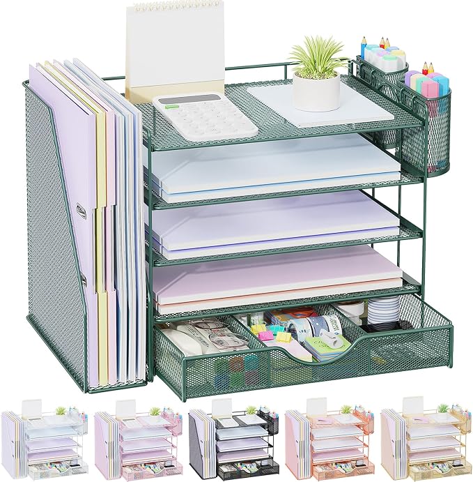 gianotter 5-Tier Desk Organizer with Drawers and File Holders | Letter Trays and Pen Holders - Workspace Accessories for Office Supplies (Green)