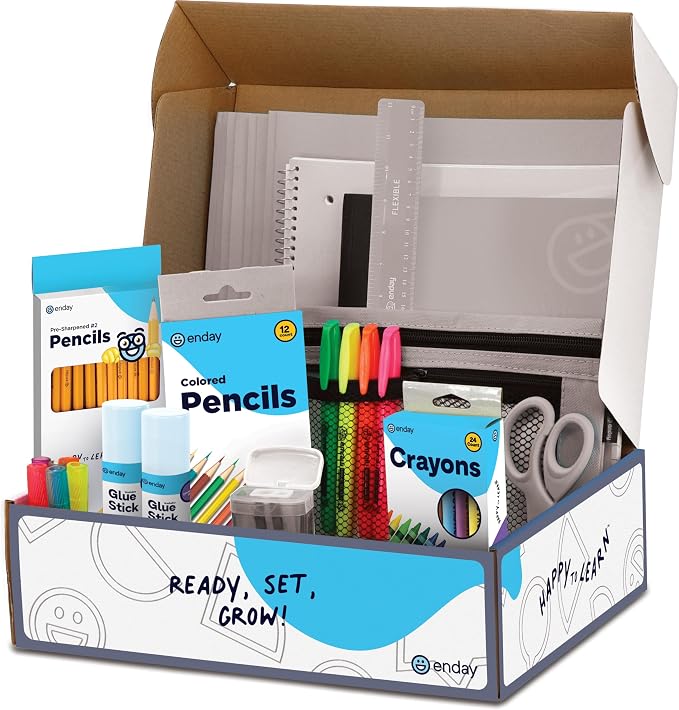 Enday Back to School Supplies for Kids, Grey School Supply Box Grades K-5, Premium Quality Kids School Supplies Kit, Kindergarten School Supplies for Girls and Boys, 78 Piece Set