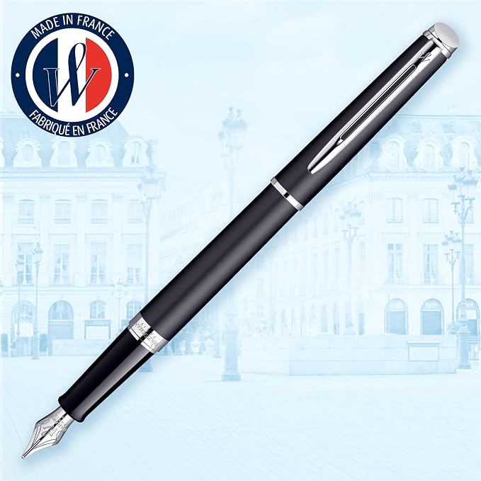 Waterman Hémisphère Fountain Pen, Matte Black with Chrome Trim, Fine Nib with Black Ink Cartridge, Gift Box
