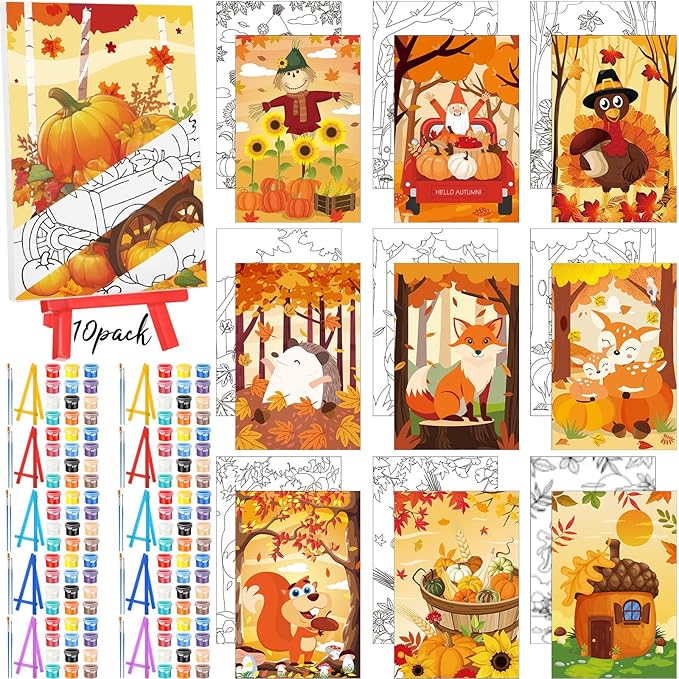 Blosssound 10 Set Fall Thanksgiving Pre Printed Canvas Autumn Pre Drawn Canvas Painting with Easel Kits 5" x 7" Outline Painting Panels for Beginners, DIY Craft Project, Home Decors