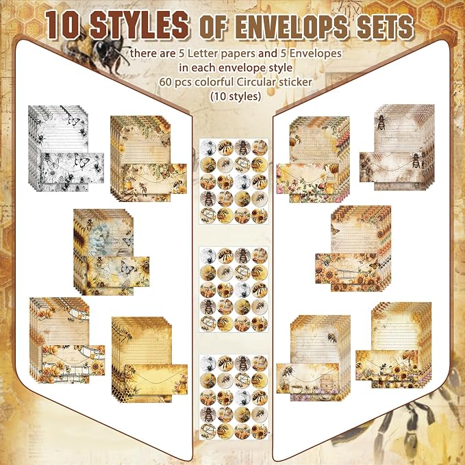 TaoBary 160 Pcs Stationery Paper Set 50 Double Sided Stationery Paper with 50 Matching Envelope and 60 Round Dot Sticker, 10 Design (Vintage Bee Floral Butterfly,8.5 x 11 Inch)