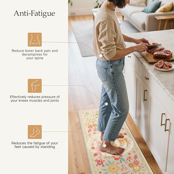 GENIMO Anti Fatigue Kitchen Mats for Floor 2PCS, Cushioned Standing Mats | 17.3"x47"&17.3"x30", Beige vintage floral rug set, waterproof, non slip, easy-clean for farmhouse
