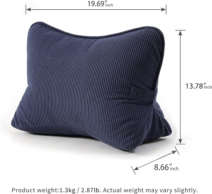 Pat. Pend. Corduroy Wedge Pillow with Lumbar Support, Triangle Cushion for Sofa, Couch, Bed or Recliner, Reading Pillow for Sitting & Relaxing, Navy Blue