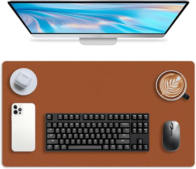 Leather Desk pad Protector, Office Mat, Large Mouse Mat, Non-Slip PU Leather Blotter, Laptop Desk Pad,Waterproof Laptop Computer Desk Keyboard Mat for Office/Work/Home/Decor (Brown, 33In*13in)
