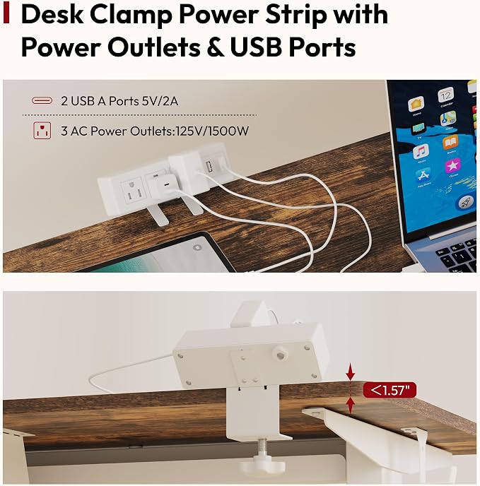 SANODESK Electric Standing Desk with Desk Clamp Power Strip 55"x 28" Whole-Piece Desktop Height Adjustable Stand Up Desk with Cable Management Sit Stand Home Office Desk White Frame/Rustic Brown Top