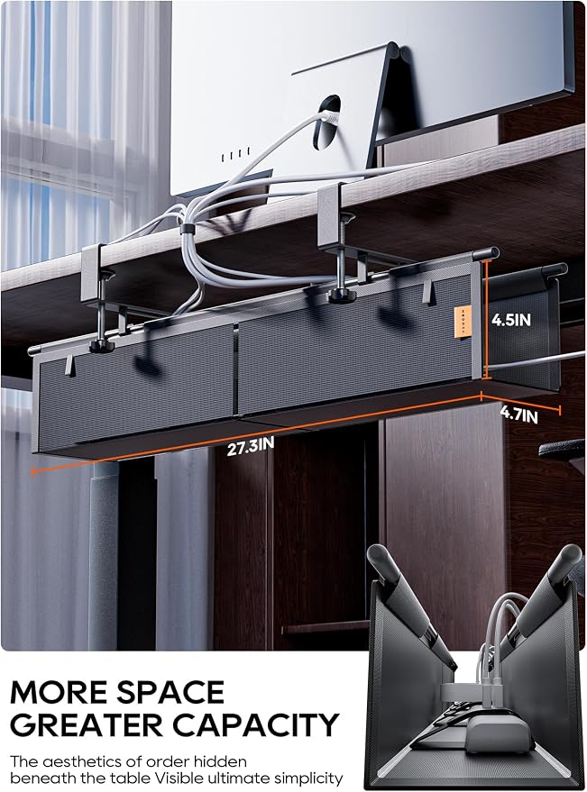 27" No Drill Under Desk Cable Management Tray (Black) | Fire-Resistant Thickened Nylon Material, Clip-on Cord Organizer to Hide Power Strip, Heat Dissipation Mesh Design, for Office