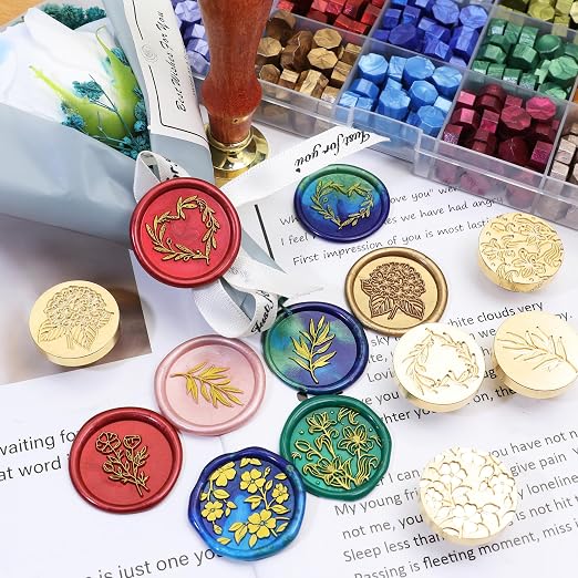 SWANGSA Botanical Flower Wax Seal Stamp Kit with 450pcs Sealing Wax Beads, 2 Pens and Spoon for Wedding, Invitations, Cards, Envelope, Christmas